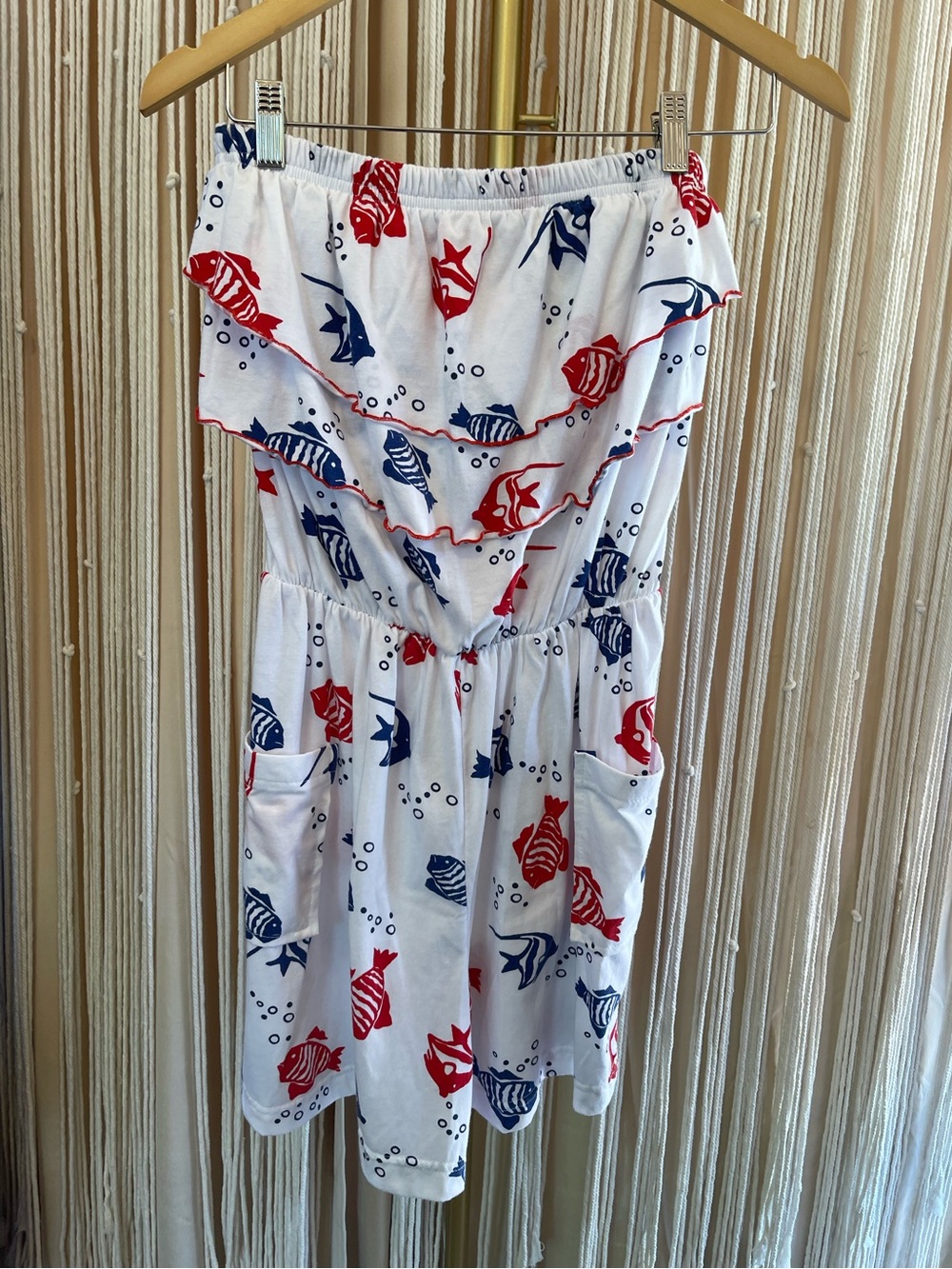 Strapless white romper with red & blue nautical fish print & ruffled neckline - Picture 3 of 10